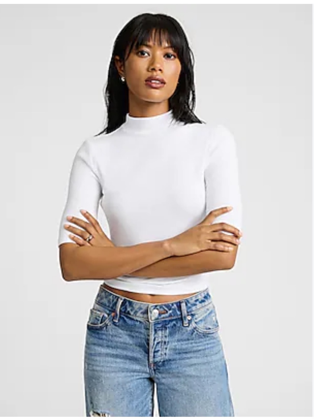 Express White Ribbed Mock Neck Elbow Sleeve Tee